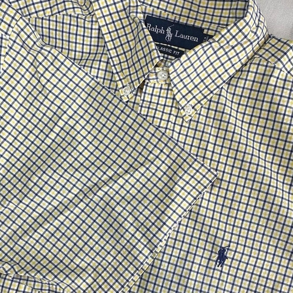 Ralph Lauren Mens Large Yellow‎ Blue Plaid Short Sleeve Classic Fit Shirt
